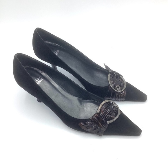 Stuart Weitzman Black Pointed Toe Buckle Suede Heels 7 - Picture 5 of 16